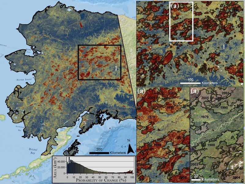 Map showing the probability of ecological change across Alaska. Inset shows historic wildfires mapped according to Bureau of Land Management data and Landsat data in the Alaskan interior